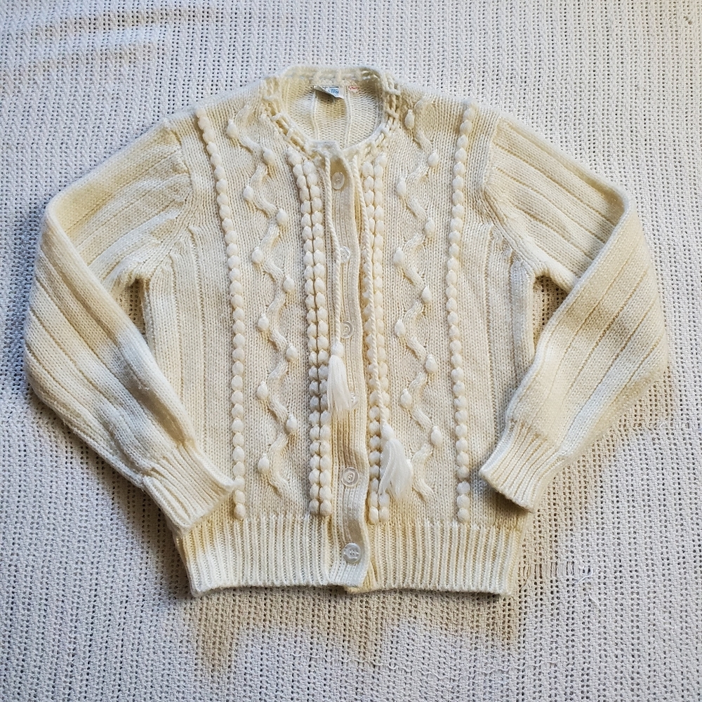 VTG Sweater Ivory Cardigan Tie Neck Tassel Queens Way To Fashion Women's Large
